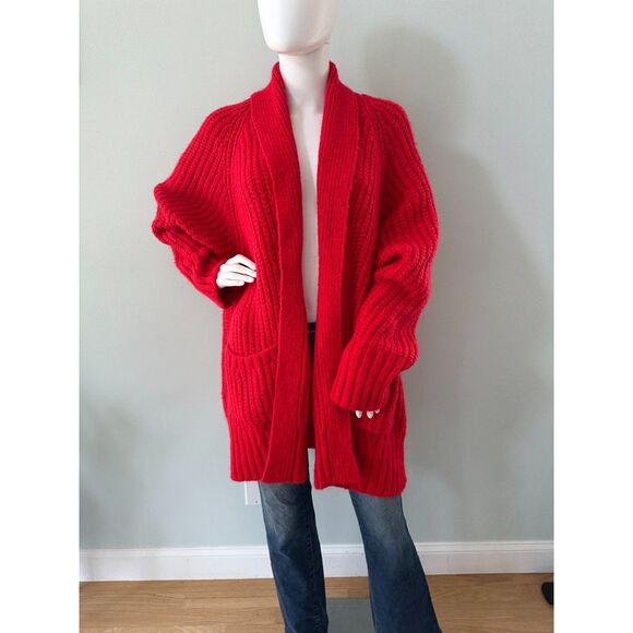 Zara Red Chunky Knit Oversized Cardigan Open Sweater size Large - Picture 2 of 7